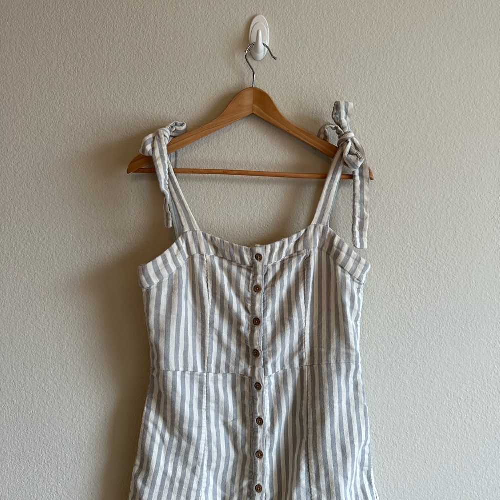 Faherty Cream and Tan Striped Linen Maxi Dress with Tie Straps - Picture 3 of 16